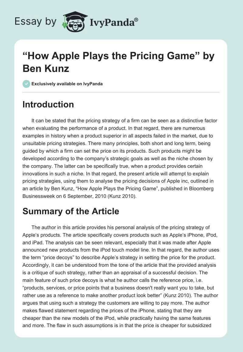 “How Apple Plays the Pricing Game” by Ben Kunz. Page 1