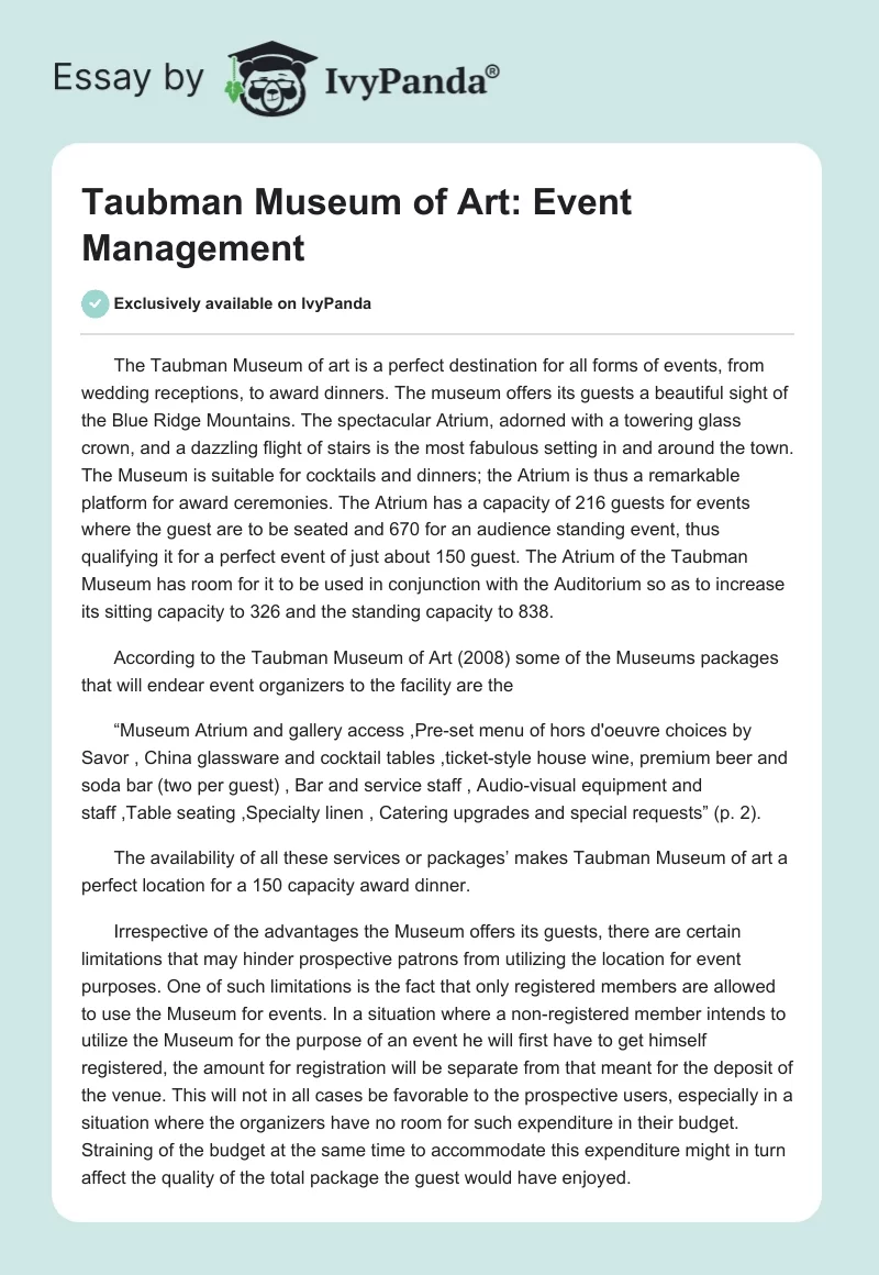 Taubman Museum of Art: Event Management. Page 1