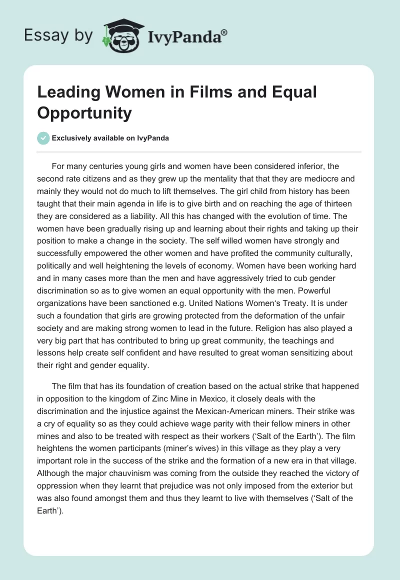 Leading Women in Films and Equal Opportunity. Page 1