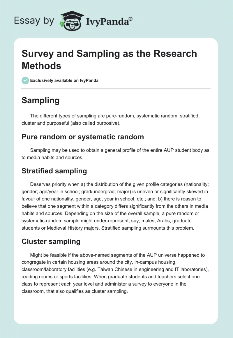 Survey and Sampling as the Research Methods. Page 1