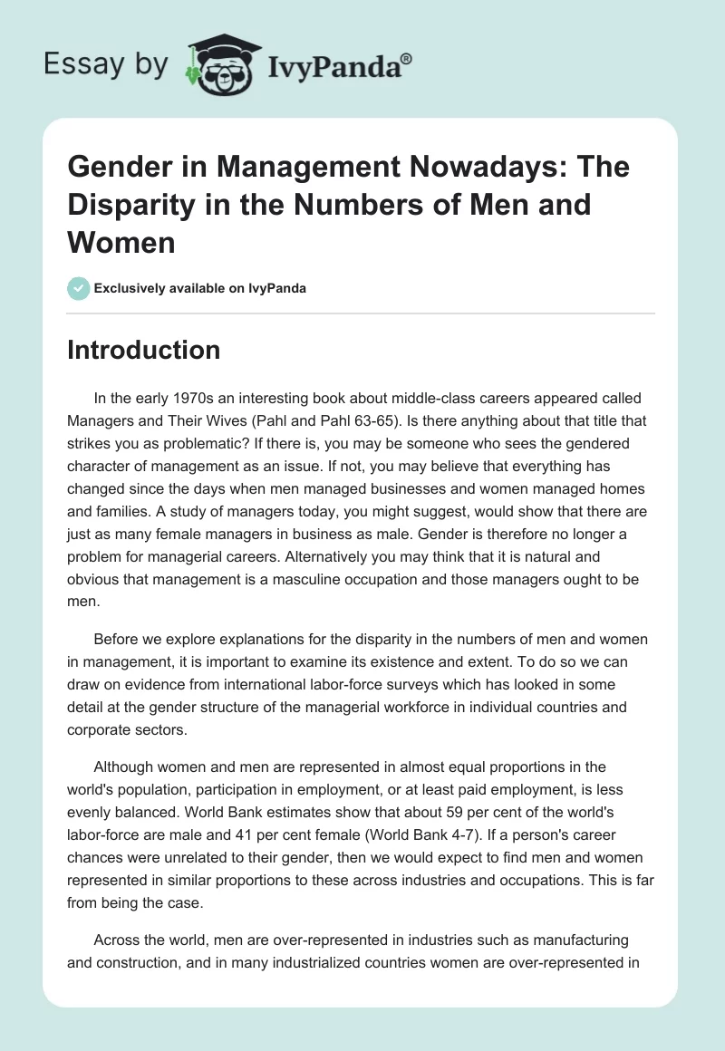 Gender in Management Nowadays: The Disparity in the Numbers of Men and Women. Page 1