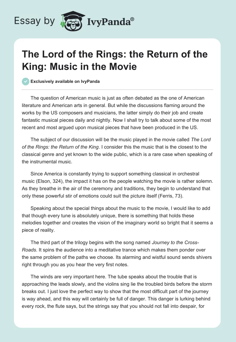 "The Lord of the Rings: the Return of the King": Music in the Movie. Page 1