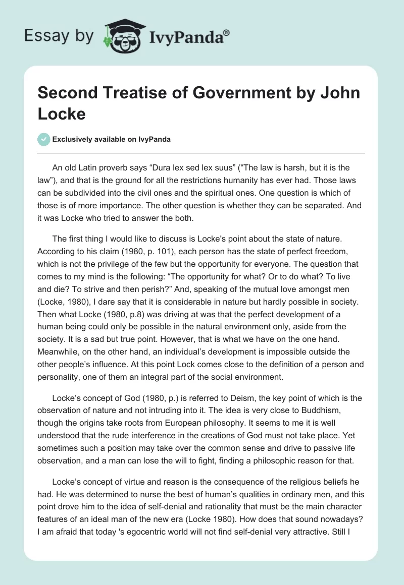 "Second Treatise of Government" by John Locke. Page 1