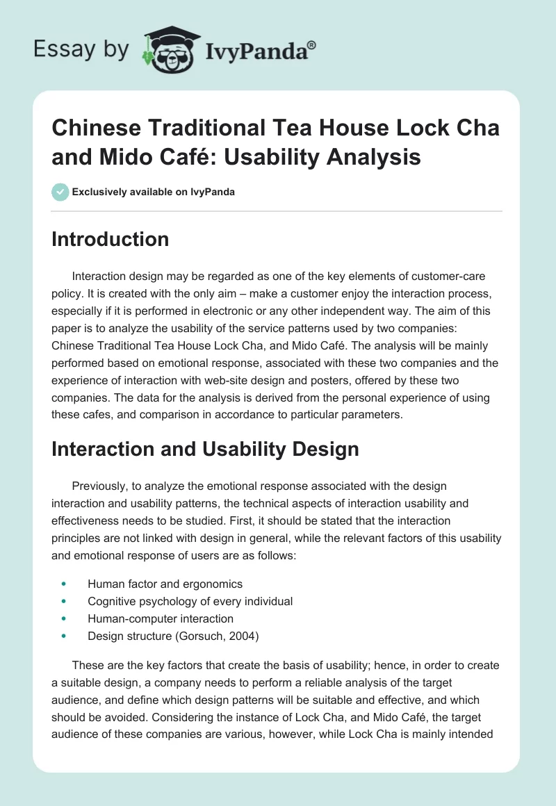Chinese Traditional Tea House Lock Cha and Mido Café: Usability Analysis. Page 1