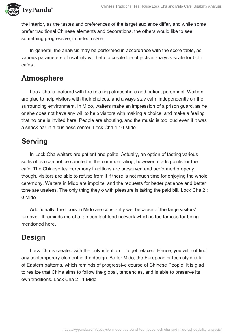 Chinese Traditional Tea House Lock Cha and Mido Café: Usability Analysis. Page 3
