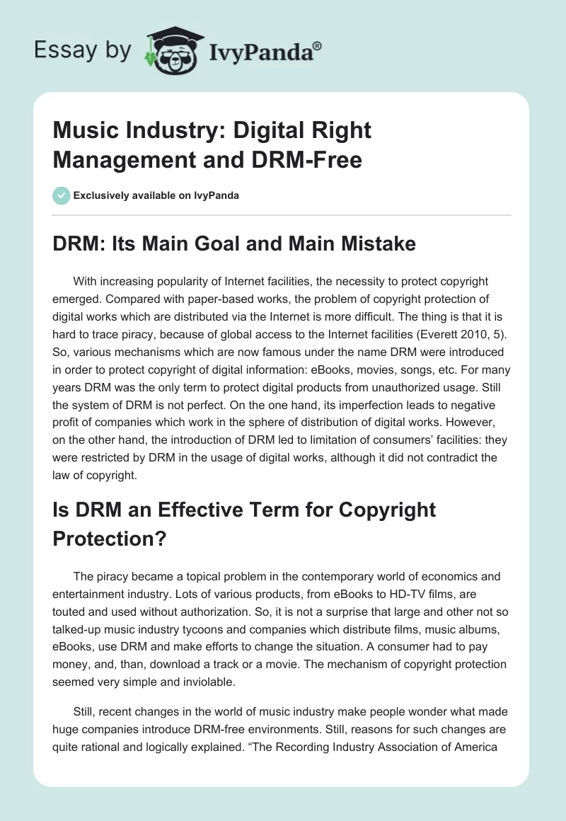 Music Industry: Digital Right Management and DRM-Free. Page 1