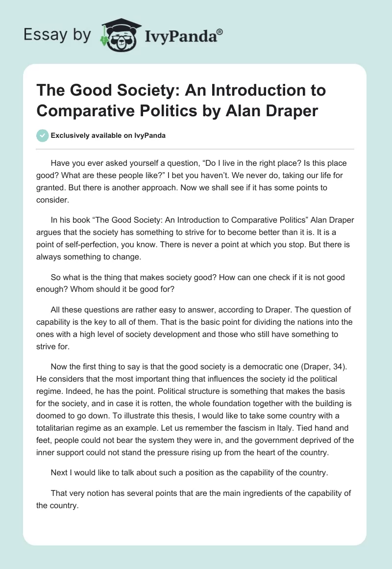 "The Good Society: An Introduction to Comparative Politics" by Alan Draper. Page 1