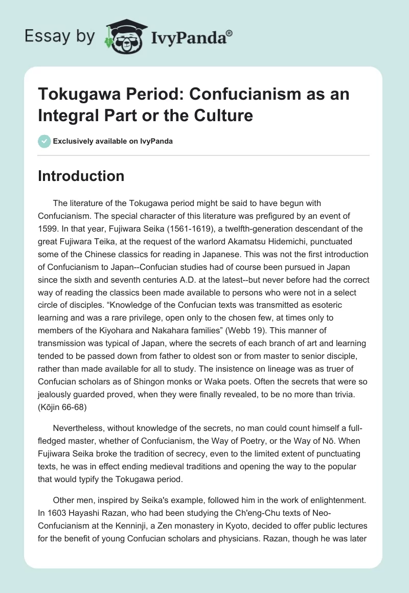 Tokugawa Period: Confucianism as an Integral Part or the Culture. Page 1