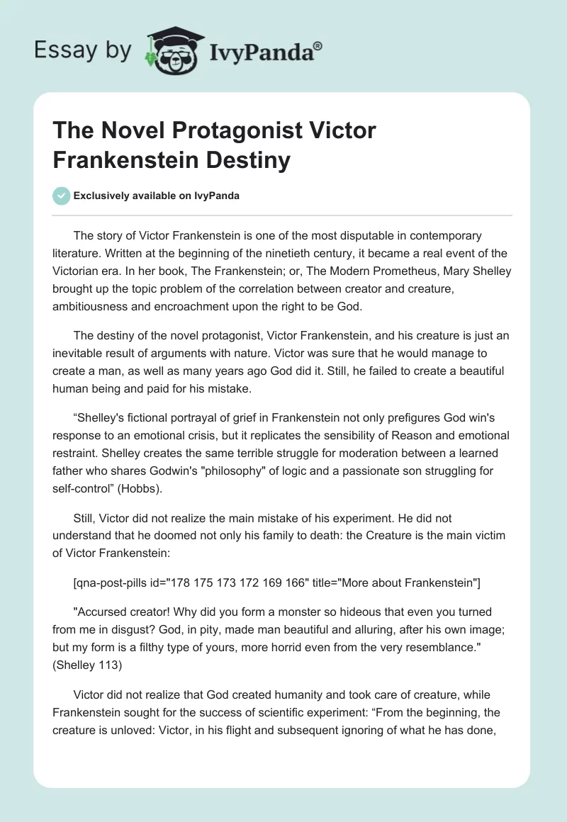 The Novel Protagonist Victor Frankenstein Destiny. Page 1