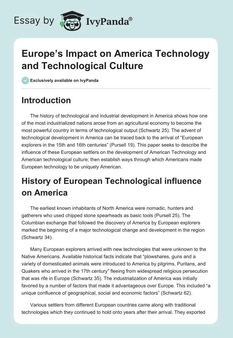 Europe’s Impact on America Technology and Technological Culture. Page 1
