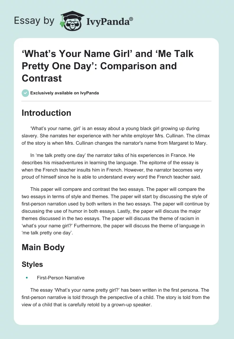 ‘What’s Your Name Girl’ and ‘Me Talk Pretty One Day’: Comparison and Contrast. Page 1
