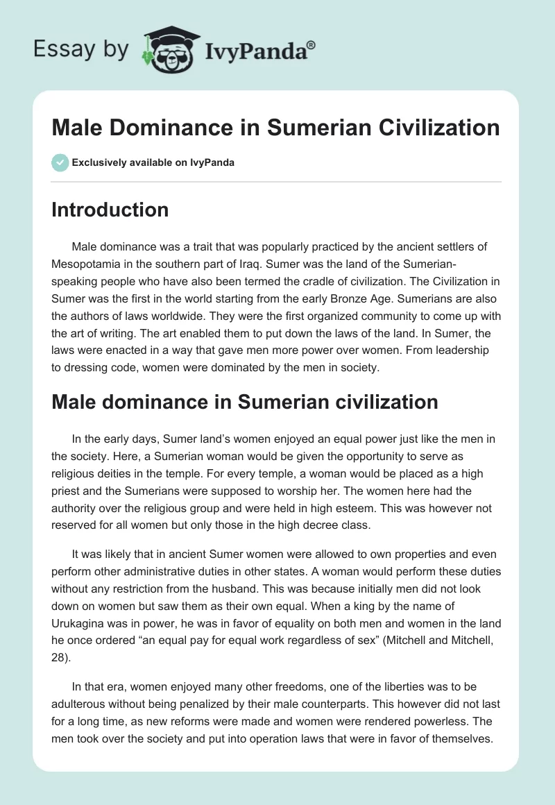 Male Dominance in Sumerian Civilization. Page 1