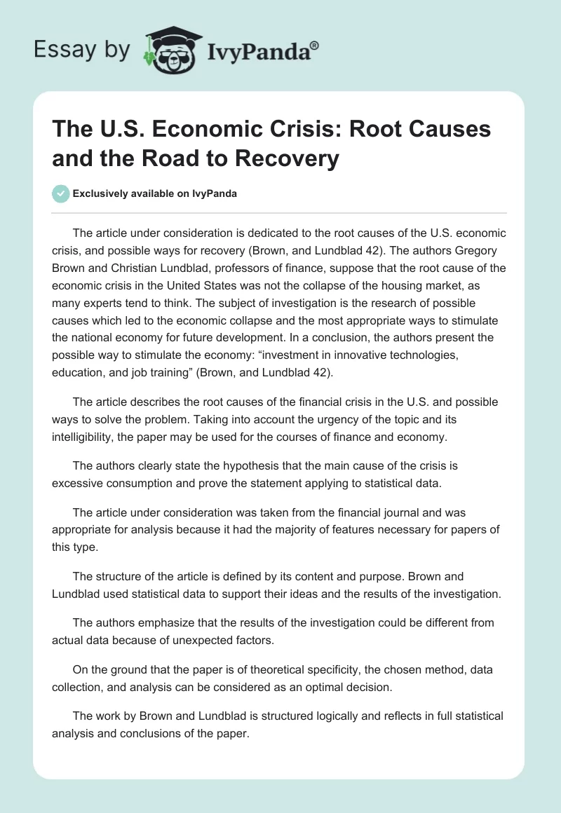 The U.S. Economic Crisis: Root Causes and the Road to Recovery. Page 1