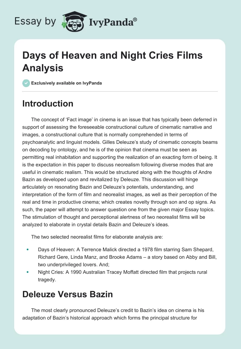 "Days of Heaven" and "Night Cries" Films Analysis. Page 1