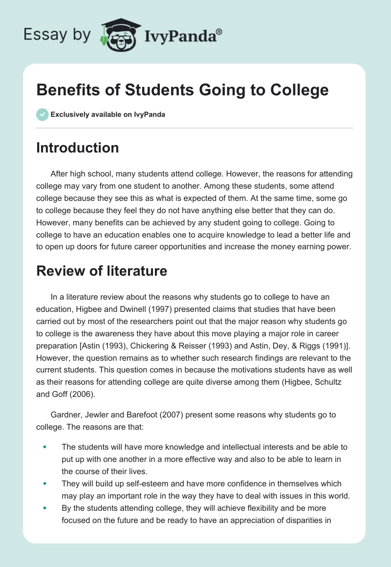 Benefits of Students Going to College. Page 1