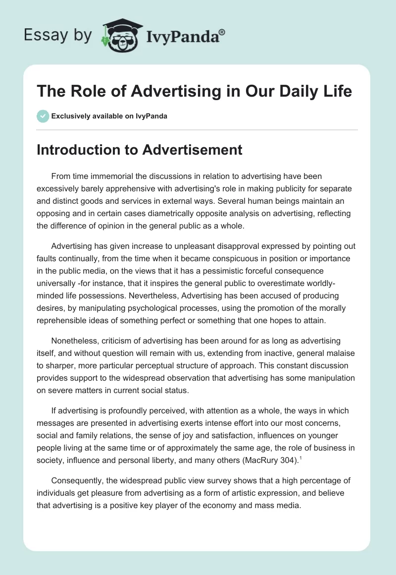 The Role of Advertising in Our Daily Life. Page 1