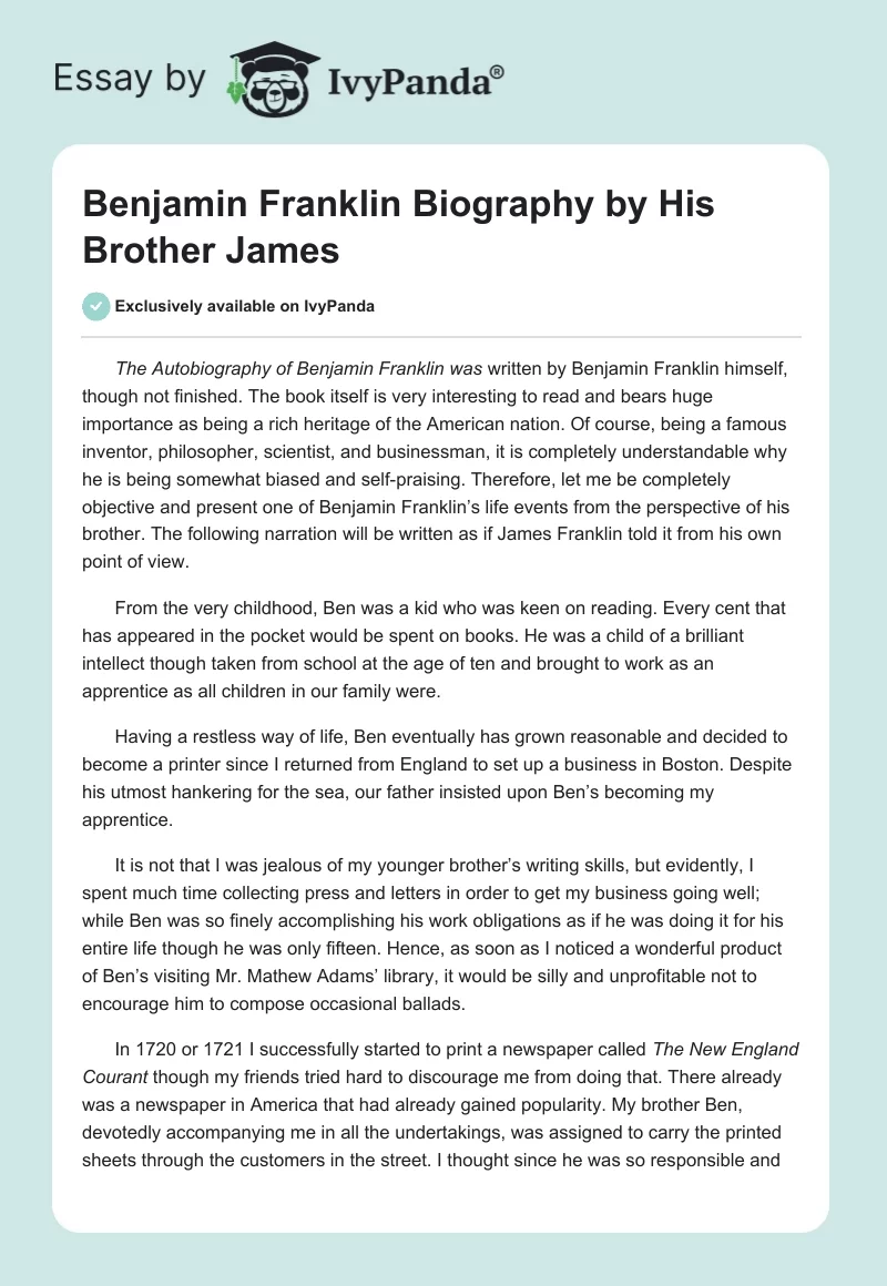 Benjamin Franklin Biography by His Brother James. Page 1