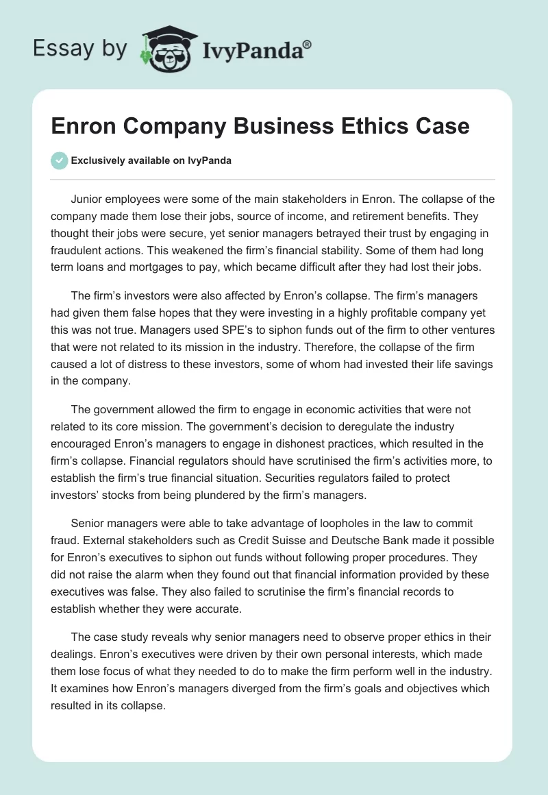 Enron Company Business Ethics Case. Page 1