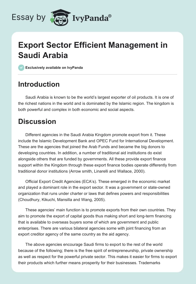 Export Sector Efficient Management in Saudi Arabia. Page 1