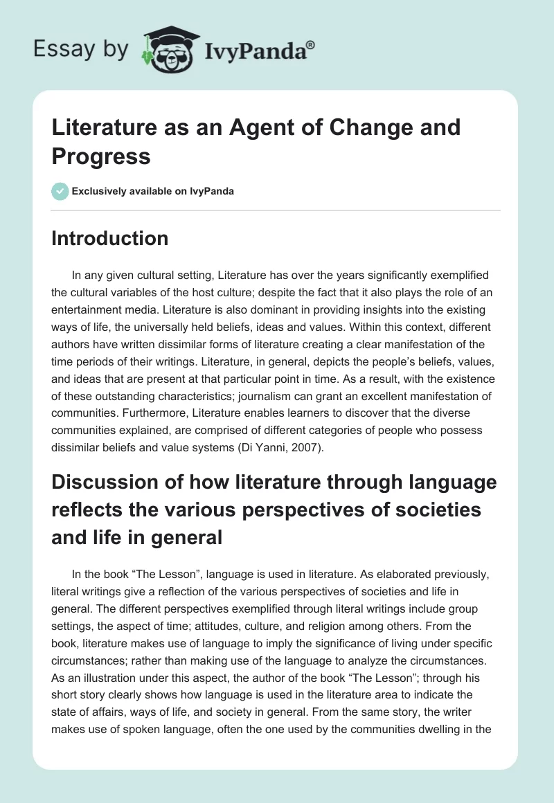 Literature as an Agent of Change and Progress. Page 1