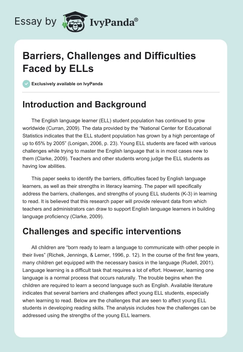 Barriers, Challenges and Difficulties Faced by ELLs. Page 1