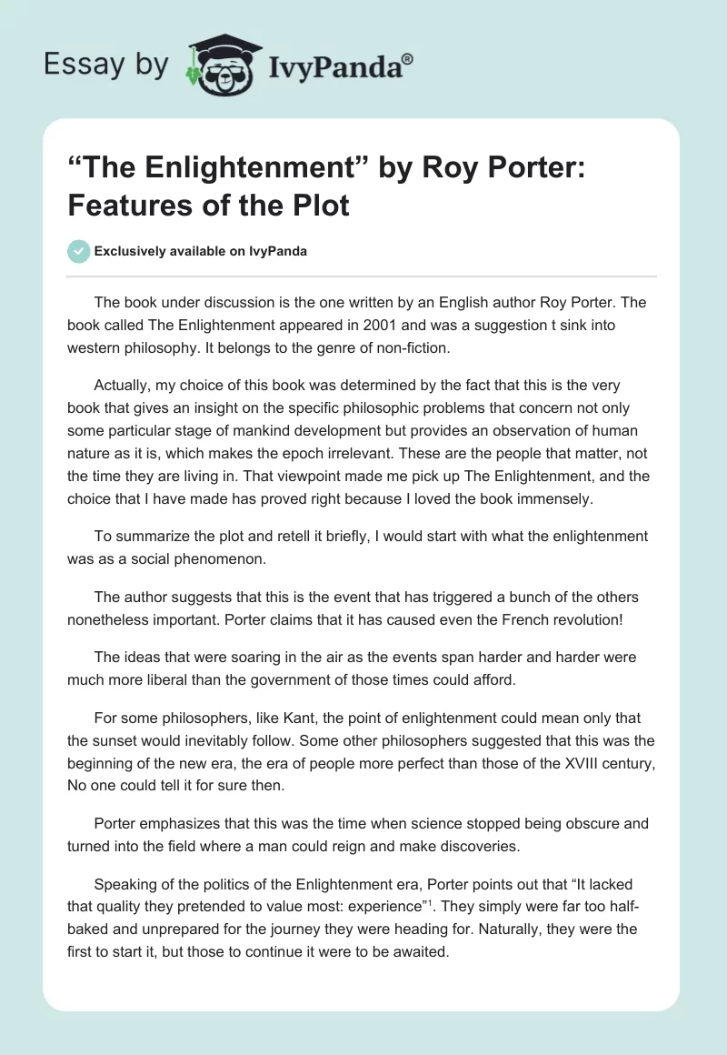“The Enlightenment” by Roy Porter: Features of the Plot. Page 1