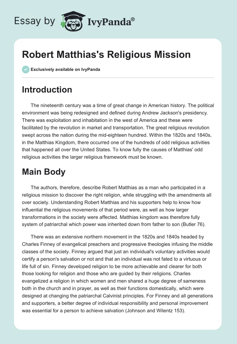 Robert Matthias's Religious Mission. Page 1