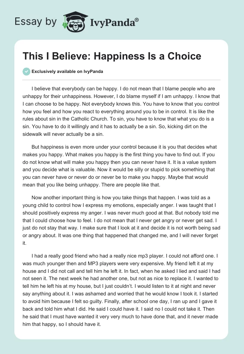 This I Believe: Happiness Is a Choice. Page 1