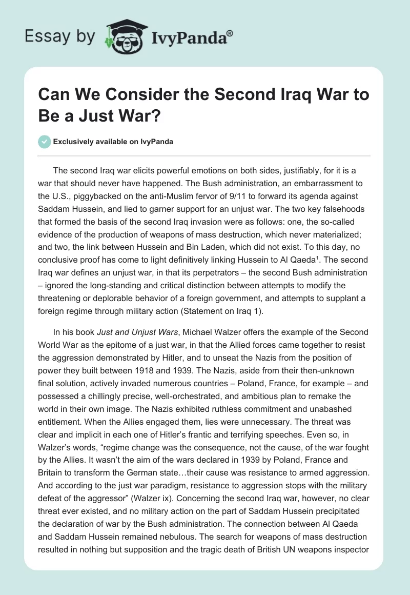 Can We Consider the Second Iraq War to Be a Just War?. Page 1