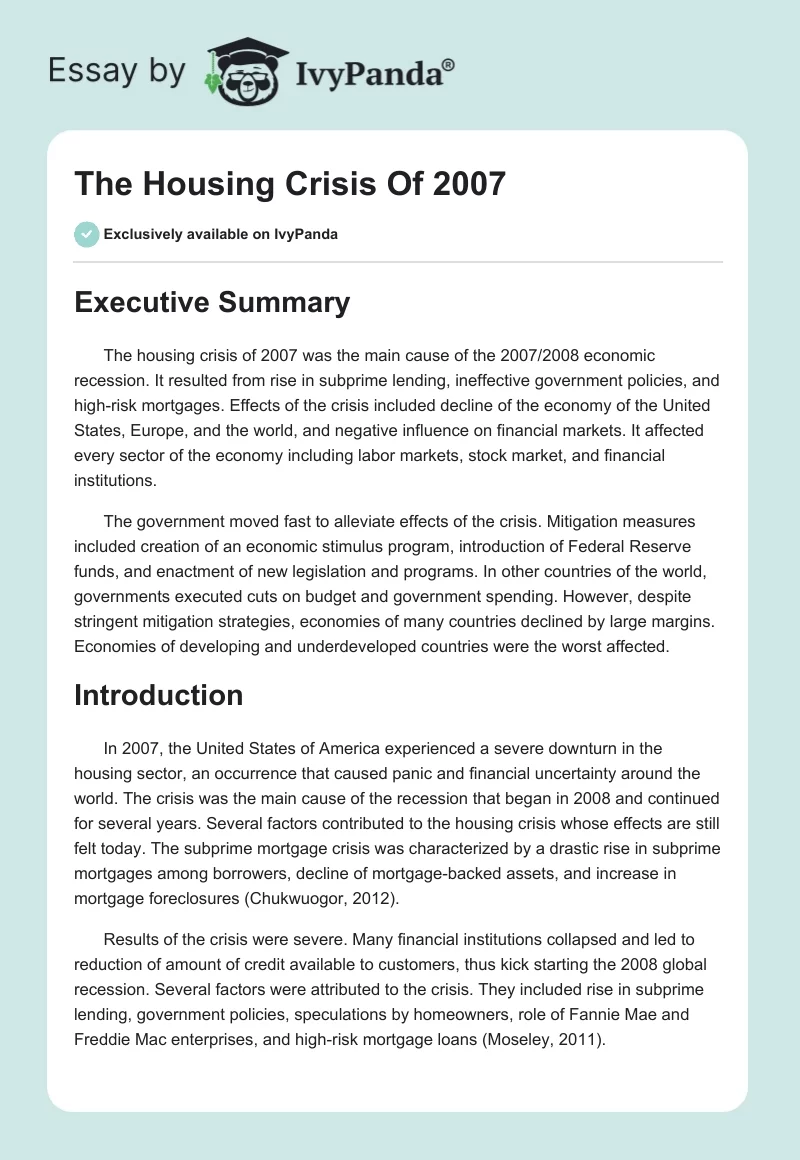 The Housing Crisis Of 2007. Page 1