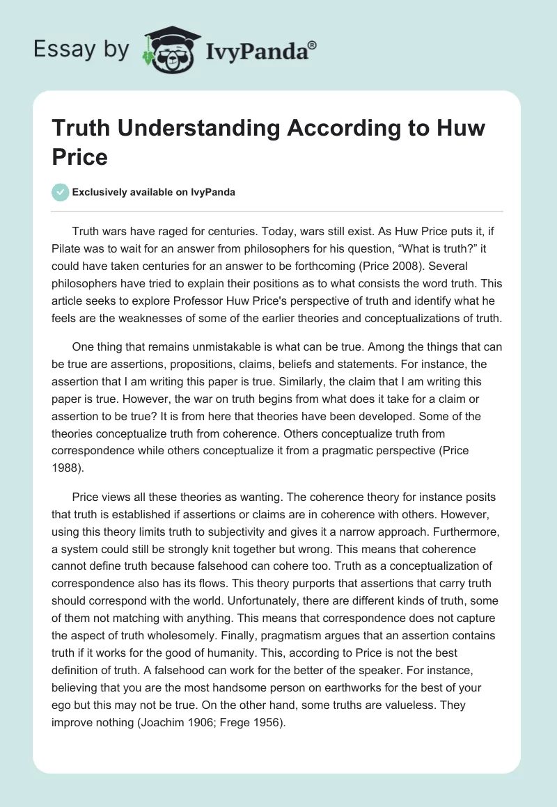 Truth Understanding According to Huw Price. Page 1