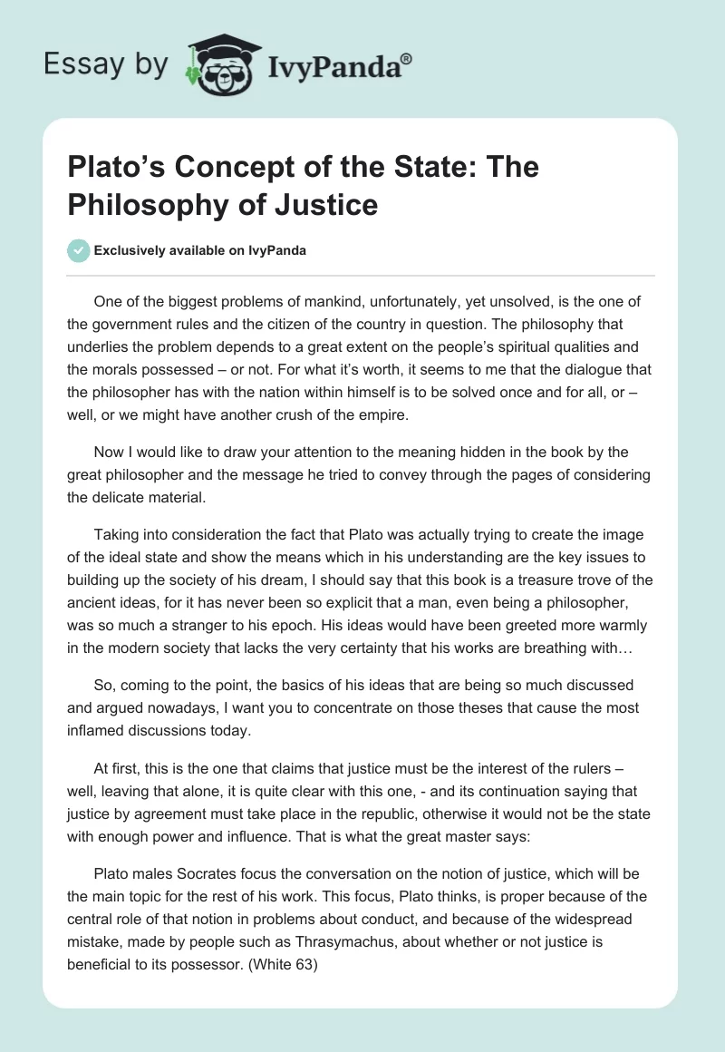Plato’s Concept of the State: The Philosophy of Justice. Page 1