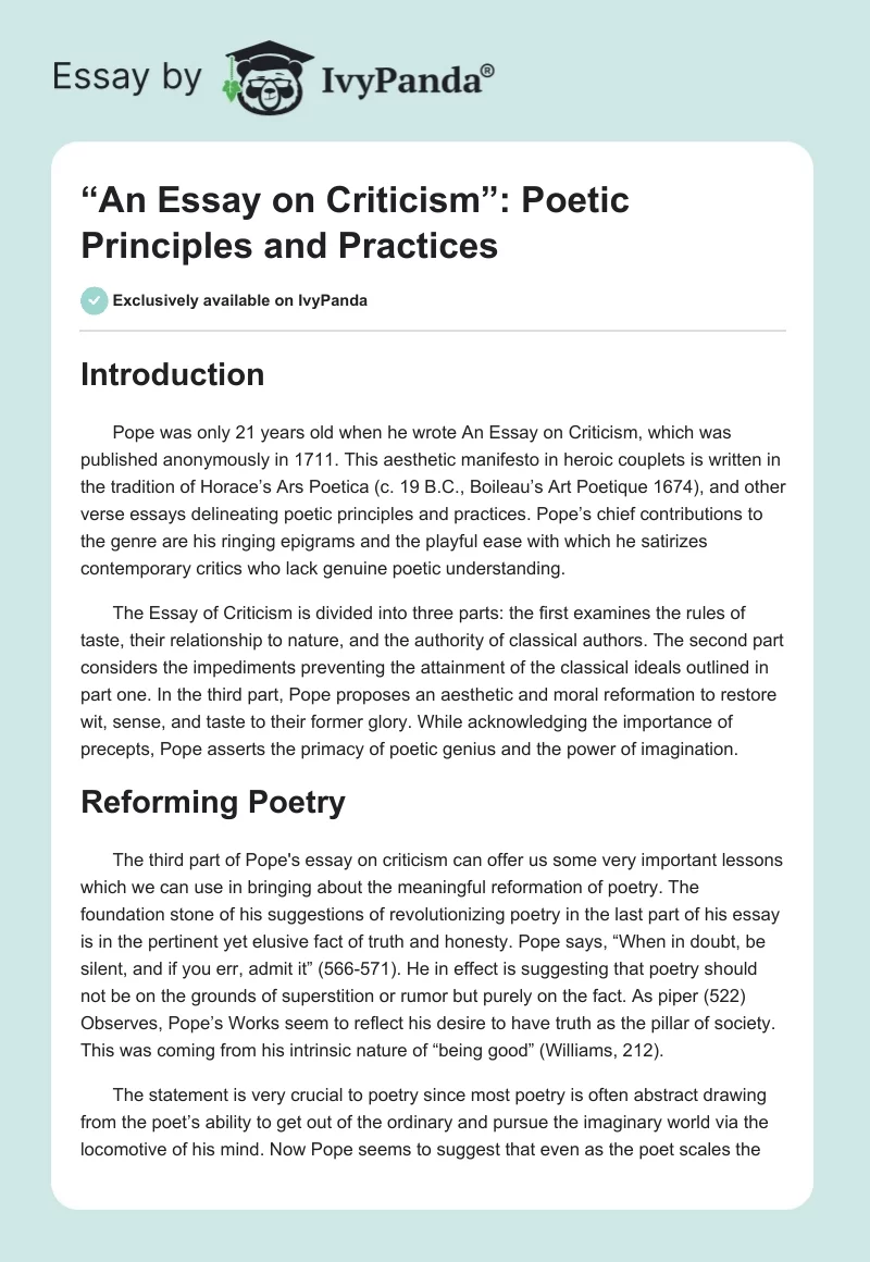 “An Essay on Criticism”: Poetic Principles and Practices. Page 1