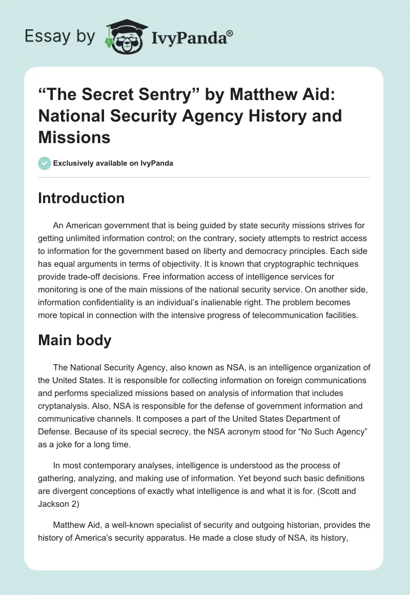 “The Secret Sentry” by Matthew Aid: National Security Agency History and Missions. Page 1