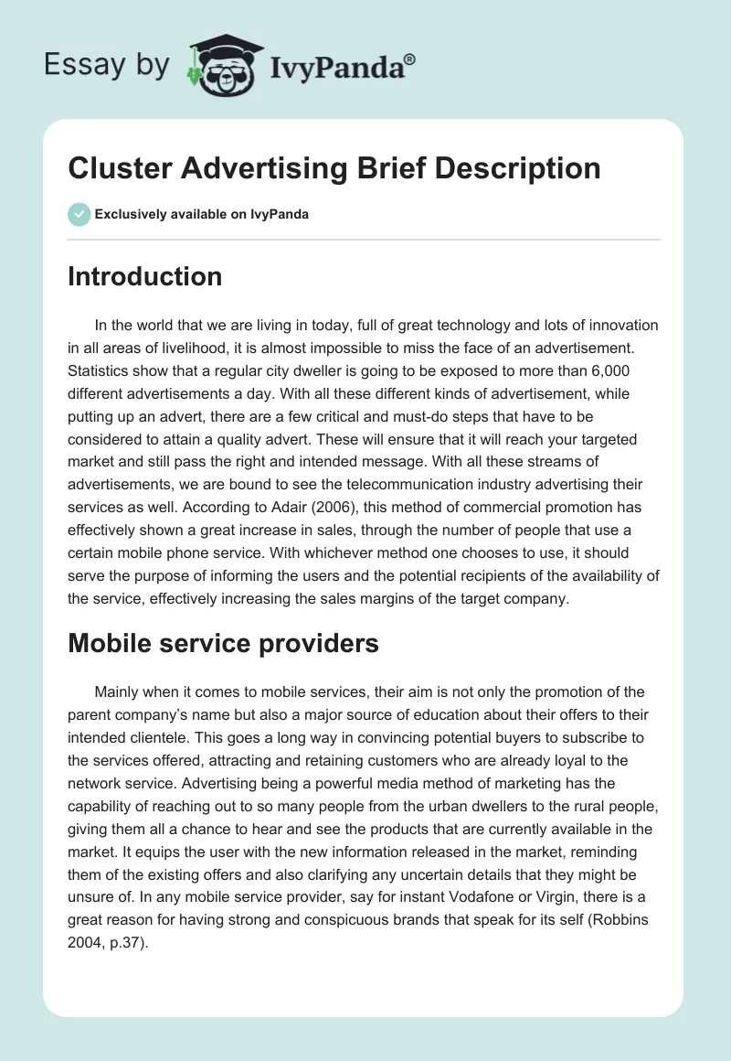 Cluster Advertising Brief Description. Page 1