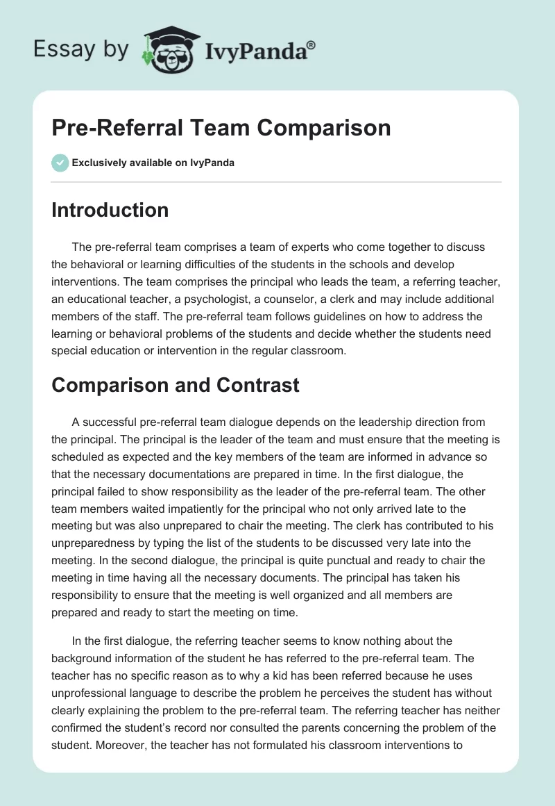 Pre-Referral Team Comparison. Page 1