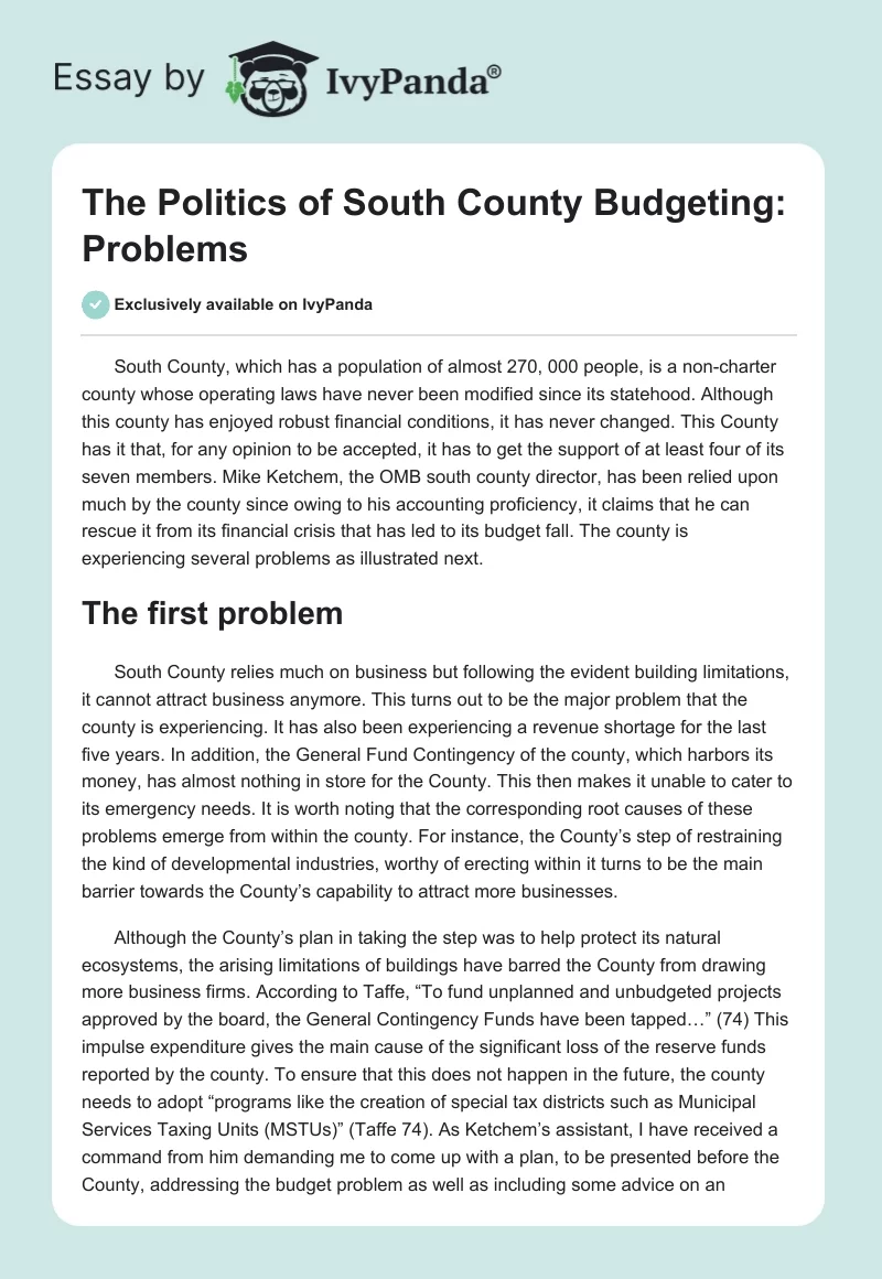 The Politics of South County Budgeting: Problems. Page 1
