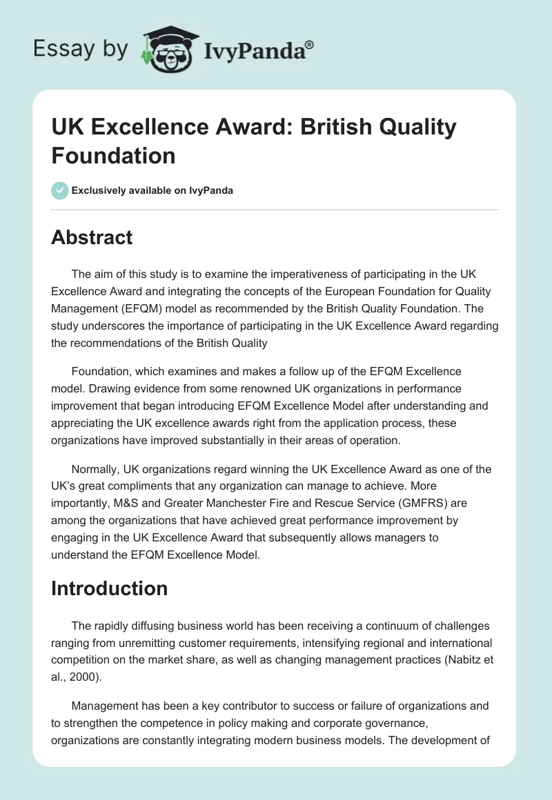 UK Excellence Award: British Quality Foundation. Page 1