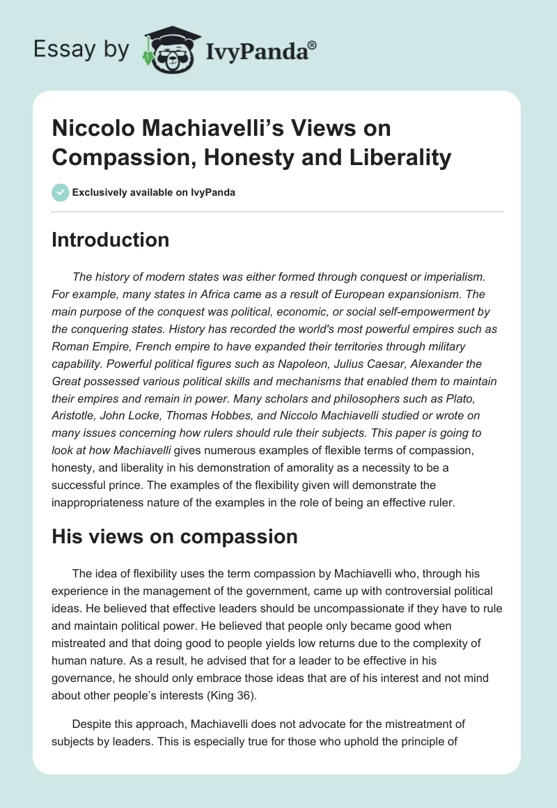 Niccolo Machiavelli’s Views on Compassion, Honesty and Liberality. Page 1