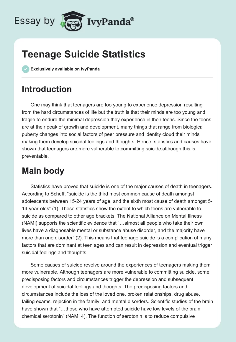 Teenage Suicide Statistics. Page 1