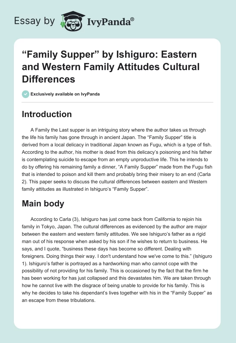 “Family Supper” by Ishiguro: Eastern and Western Family Attitudes Cultural Differences. Page 1