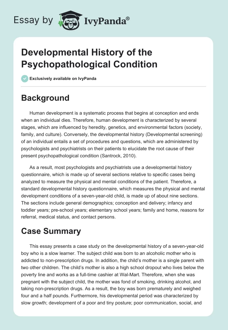 Developmental History of the Psychopathological Condition. Page 1