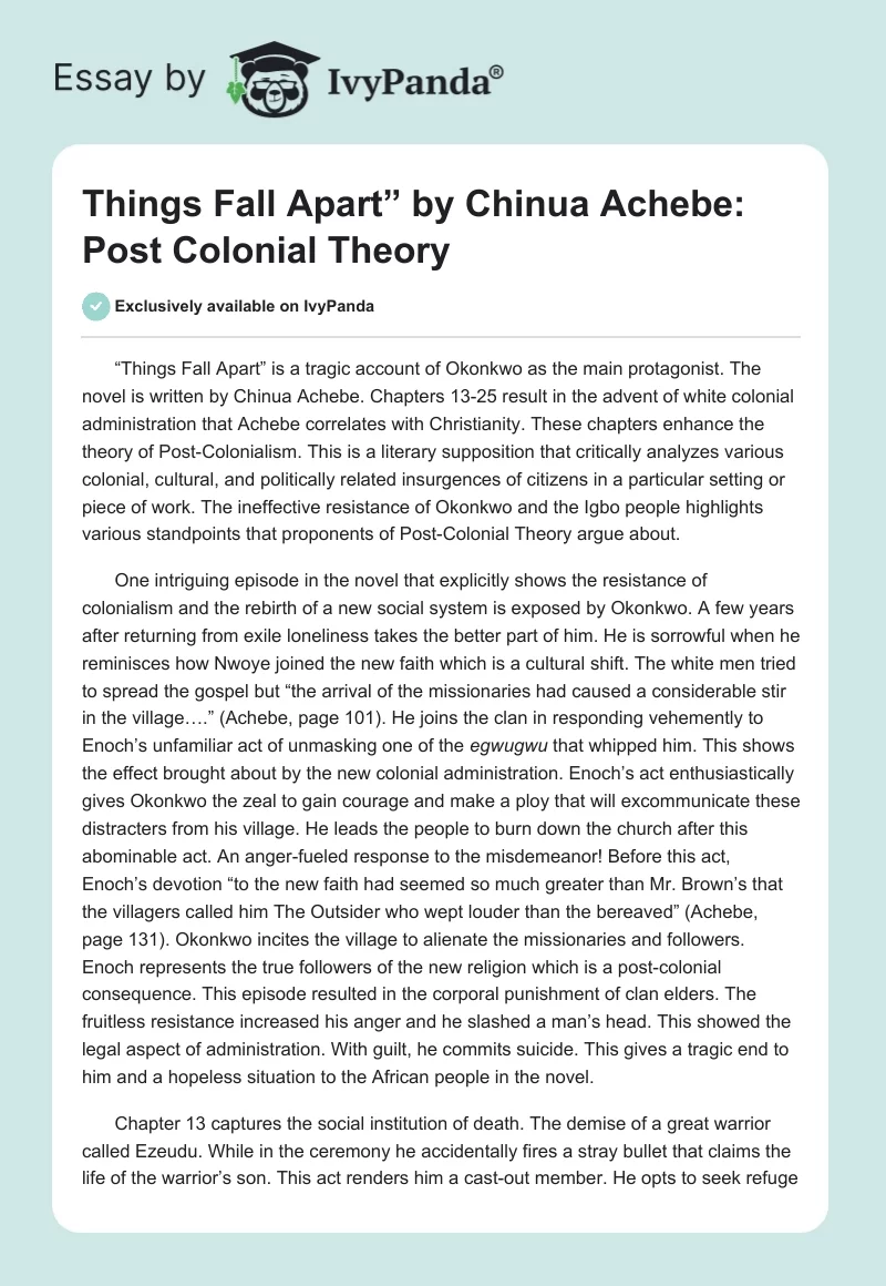 "Things Fall Apart” by Chinua Achebe: Post Colonial Theory. Page 1