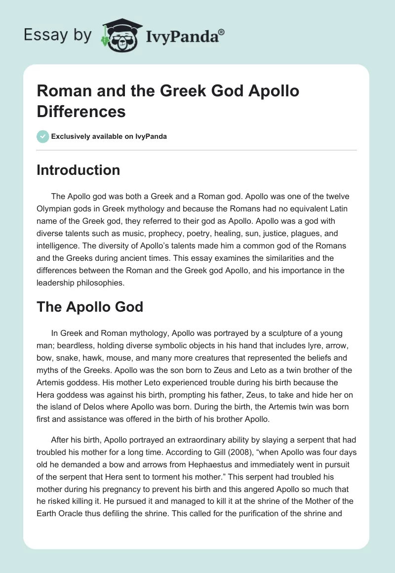 Roman and the Greek God Apollo Differences. Page 1