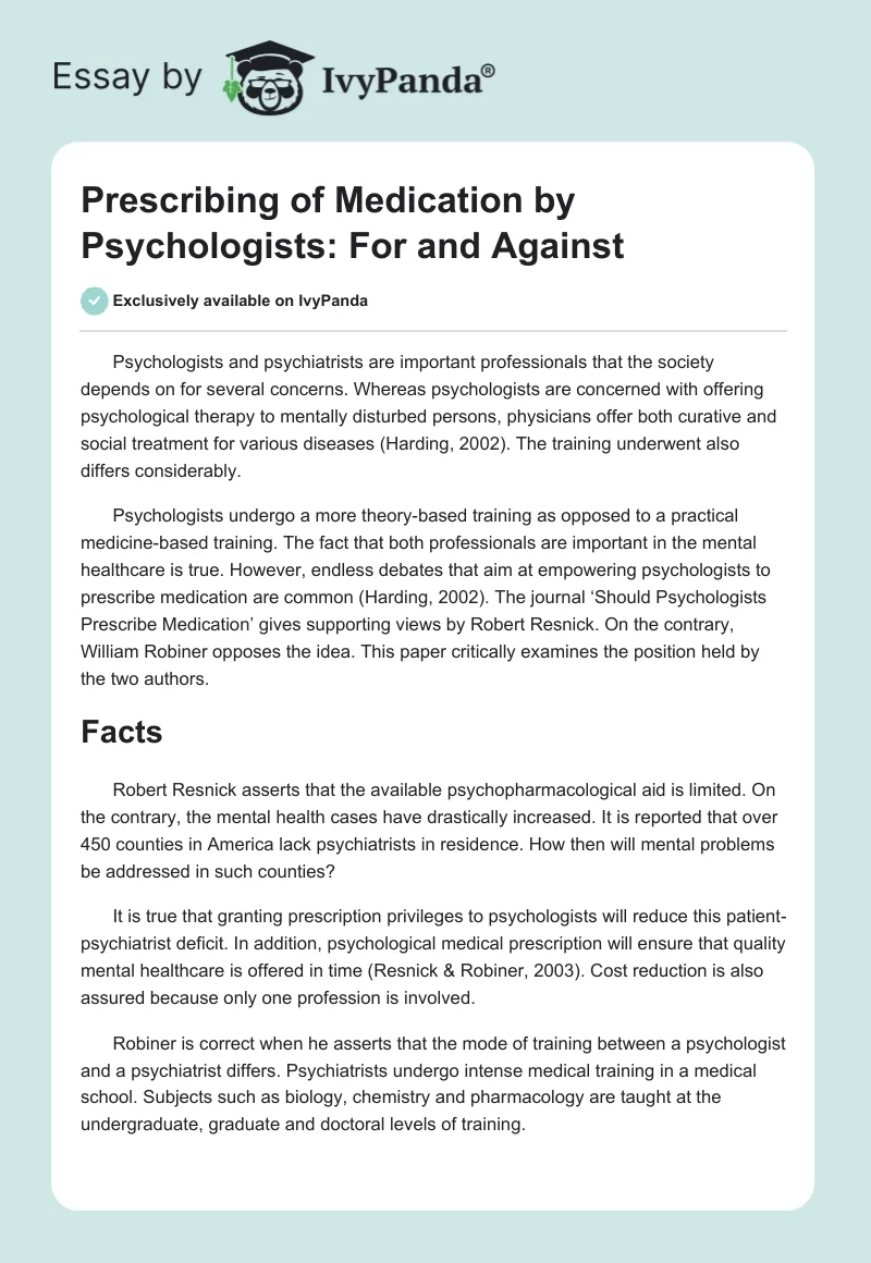Prescribing of Medication by Psychologists: For and Against. Page 1