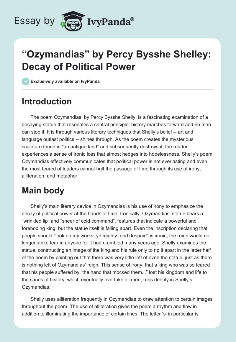 “Ozymandias” by Percy Bysshe Shelley: Decay of Political Power. Page 1