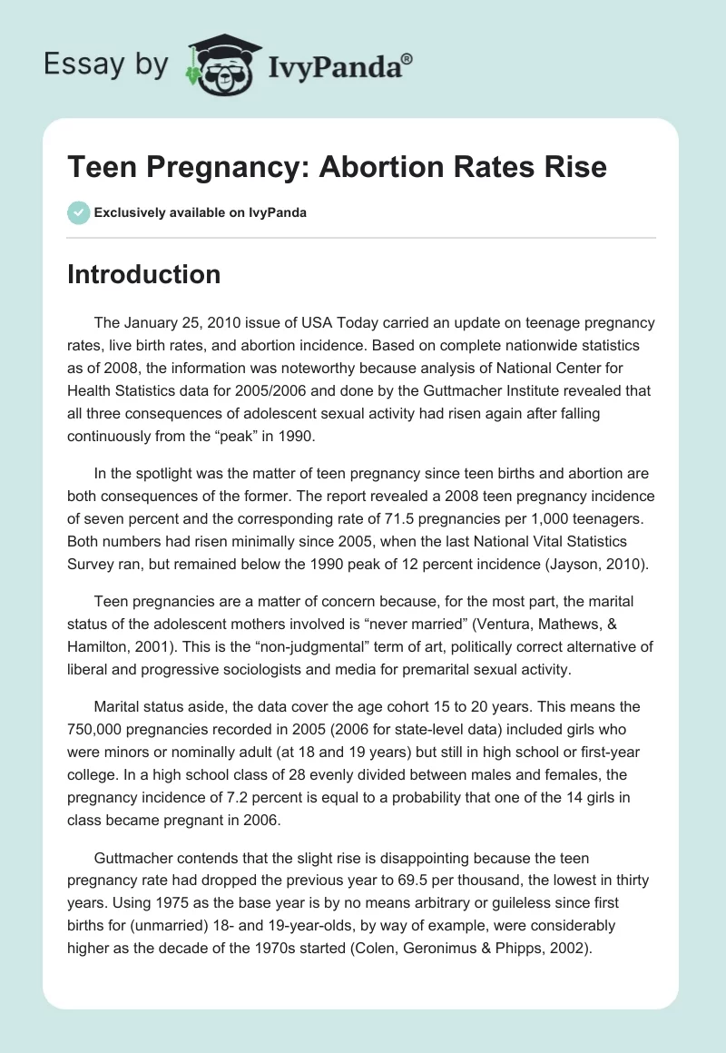 Teen Pregnancy: Abortion Rates Rise. Page 1