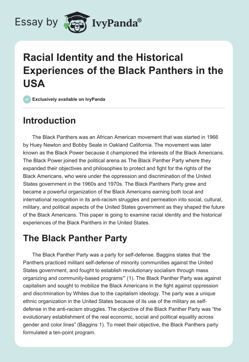 Racial Identity and the Historical Experiences of the Black Panthers in the USA. Page 1