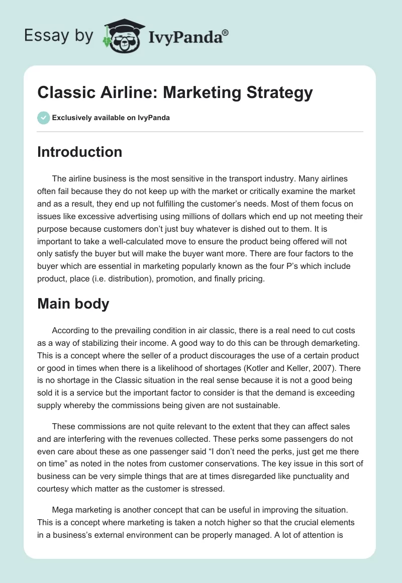 Classic Airline: Marketing Strategy. Page 1