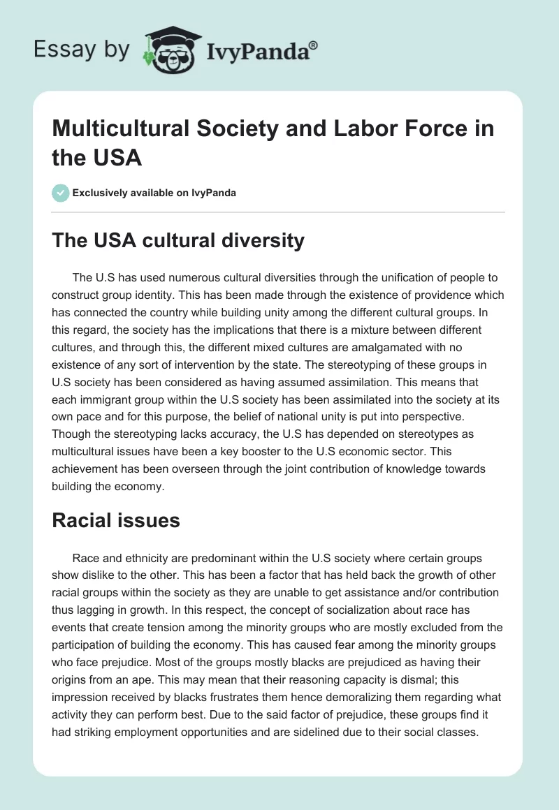 Multicultural Society and Labor Force in the USA. Page 1
